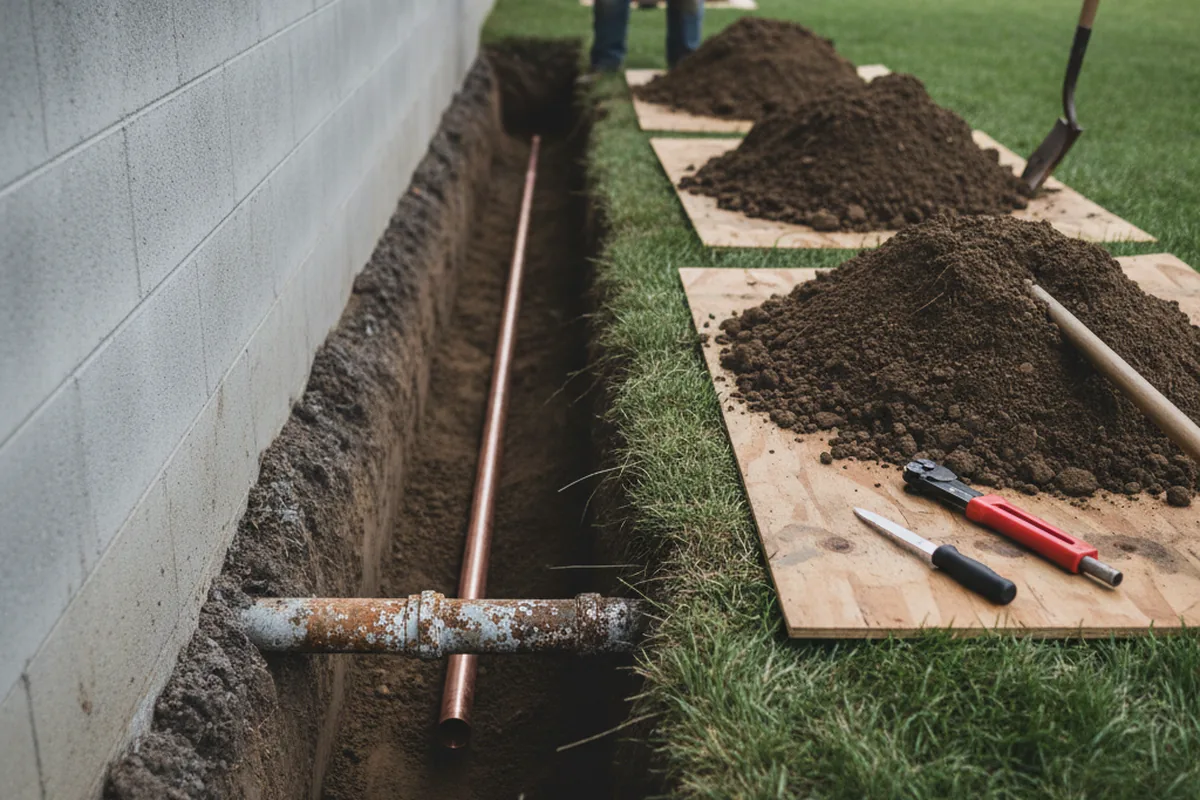 Excavated water line trench during Sewer Line Repair in Elsah